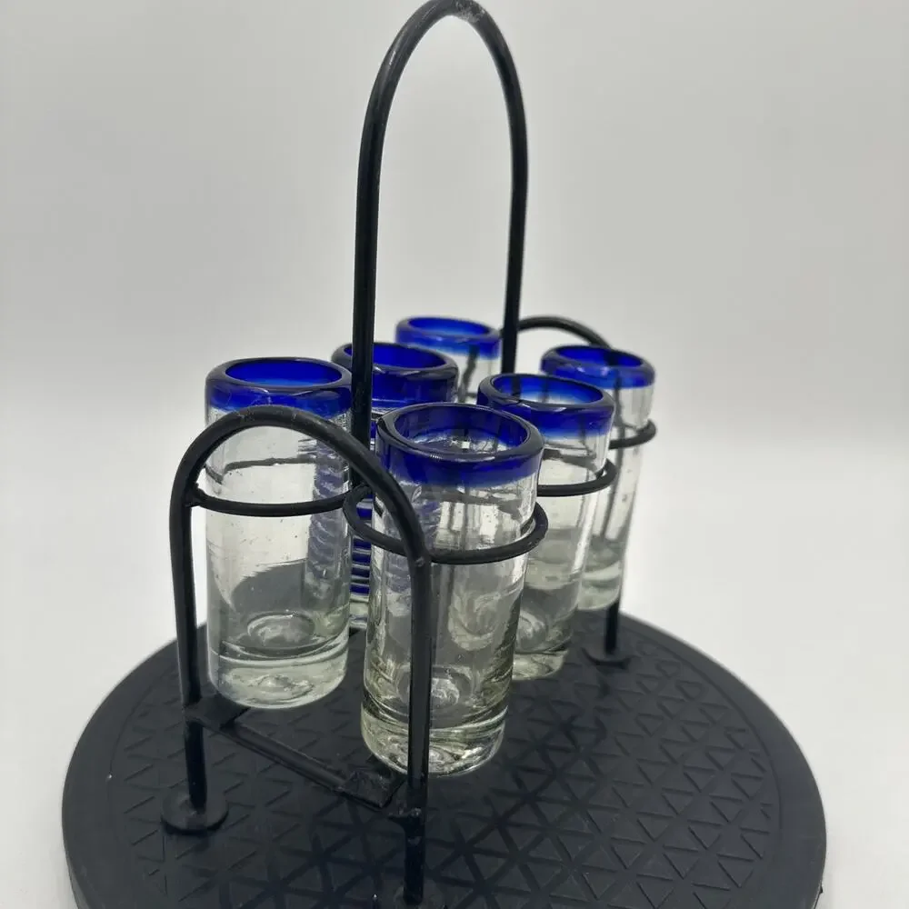 Hand blown Shot Glasses With Metal Caddy. Set Of 6
